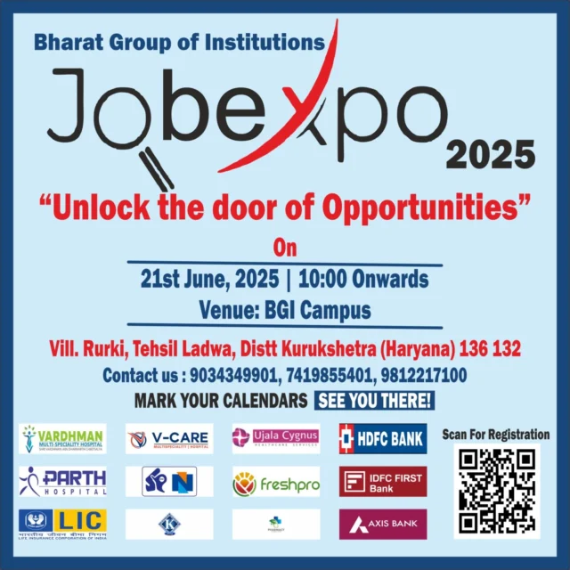 Bharat Group of Institutions is organizing a Job Expo on June 21st, 2025! 

Don't miss this opportunity to kickstart your career! Bring your resume and get ready to meet potential employers.

Date: June 21st, 2025
Time: 10:00 AM onwards
Venue: Bharat Group of Institutions Campus

 Register now: https://docs.google.com/forms/d/e/1FAIpQLScnc9CFB8c66W9259Pluy-Qj7kINynwy9AZ3NQVT-OTVAMAuQ/viewform?pli=1

#JobExpo2025 #bharatgroupofinstitution #careeropportunities #jobfair #placement #CareerGrowth