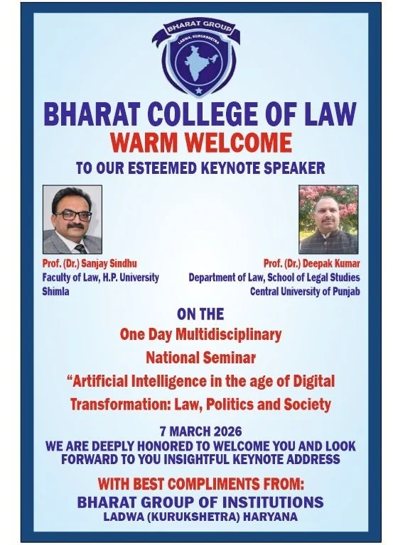 Bharat Group of Institutions organise a one day  Multidisciplinary National Seminar on Artificial intelligence  in the age of digital transformation : Law, Politics and society.