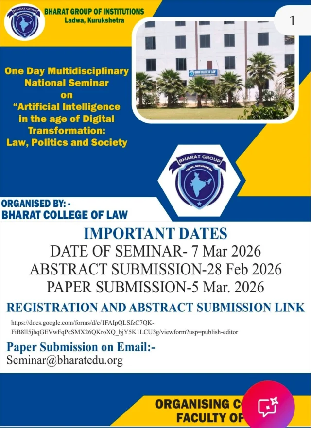 Bharat Group of Institutions organise a one day  Multidisciplinary National Seminar on Artificial intelligence  in the age of digital transformation : Law, Politics and society.