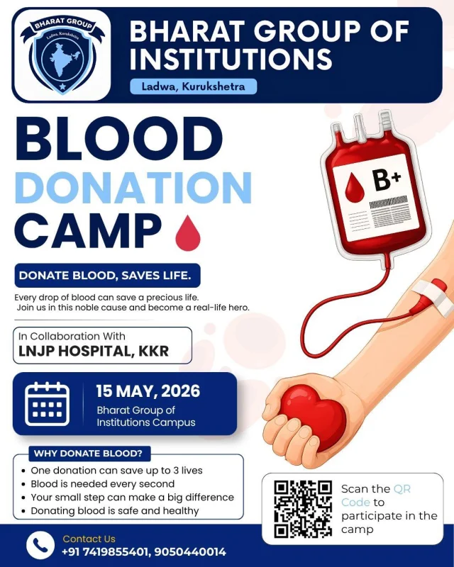 🩸 A single unit of blood can become someone’s second chance at life.
Be a hero beyond words. Join the Blood Donation Camp organized by Bharat Group of Institutions in collaboration with LNJP Hospital and contribute towards a life-saving cause.

📍 Venue: Bharat Group of Institutions Campus
Date: 15 May 2026

📞 Register now and be a part of this noble initiative.
.
.
.
.
.
. #kurukshetra  #blooddonation #donation #bharat #bestcollege