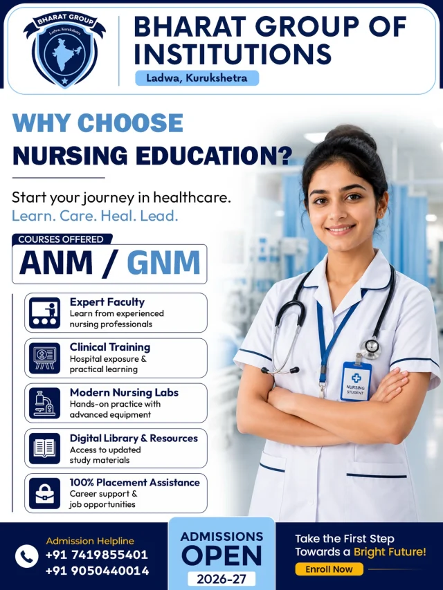 Step into a career where compassion meets professionalism. 
At Bharat Group of Institutions, our ANM & GNM programs are designed to equip future healthcare professionals with the knowledge, practical skills, and confidence needed to make a real difference in people’s lives.
Quality Education
Hands-on Clinical Training
Excellent Career Opportunities

Your journey toward a rewarding nursing career starts here!

📞 Admissions Open Now! Contact us today and take the first step toward a brighter future.
.
.
.
.
.
.
#admissionopen #anm #gnm #careergrowth #education