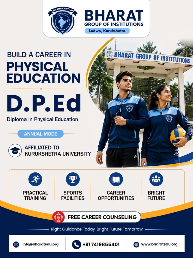 Build your passion into a profession! 
Turn your love for sports and fitness into a rewarding career with D.P.Ed. (Diploma in Physical Education) at Bharat Group of Institutions, Ladwa. 
With practical training, sports facilities, career opportunities, and expert guidance, take the first step towards a brighter future in Physical Education.

📚 Admissions Open | Annual Mode
📞 Call: +91 7419855401
📧 info@bharatedu.org
🌐 www.bharatedu.org

👉 Enroll today and start building your career in Physical Education!
.
.
.
.
.
#college #physicaleducation #career #sportseducation #law