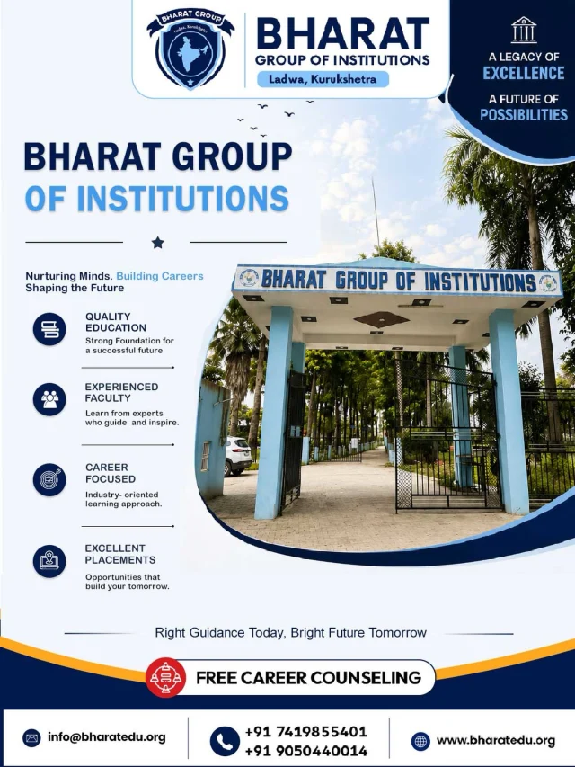 Right Guidance Today, Bright Future Tomorrow! 
At Bharat Group of Institutions, we believe the right guidance can turn your dreams into a successful career. With quality education, experienced faculty, career-focused learning & excellent placement opportunities — your future starts here! 
Free Career Counselling Available!
Take the first step towards a brighter tomorrow.

📞 Call: +91 7419855401 | +91 9050440014
📩 info@bharatedu.org
👉 DM us today to book your FREE career counselling session!
.
.
.
.
.
#llb #careercounselling #pharmacy #careerguidance #college