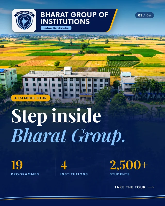 Step Inside Bharat Group of Institutions! 
More than just a campus — it’s a place where knowledge meets practical learning, and aspirations turn into careers.
From pharmacy laboratories to law libraries, from diverse academic programmes to hands-on learning experiences, discover what makes Bharat Group of Institutions, Ladwa a place to learn, grow and prepare for the future.

📚 19 Programmes | 4 Institutions | 2,500+ Students

Take a virtual tour through our campus and explore:
🔹 Bharat Institute of Pharmacy
🔹 Bharat College of Law
🔹 School of Nursing
🔹 College of Education
🔹 Vocational Studies

Your future deserves the right beginning.

#BharatGroupOfInstitutions #BharatInstituteOfPharmacy #BharatCollegeOfLaw #Ladwa #Kurukshetra CampusTour AdmissionsOpen HigherEducation CareerReady StudentLife FutureStartsHere CollegeLife
