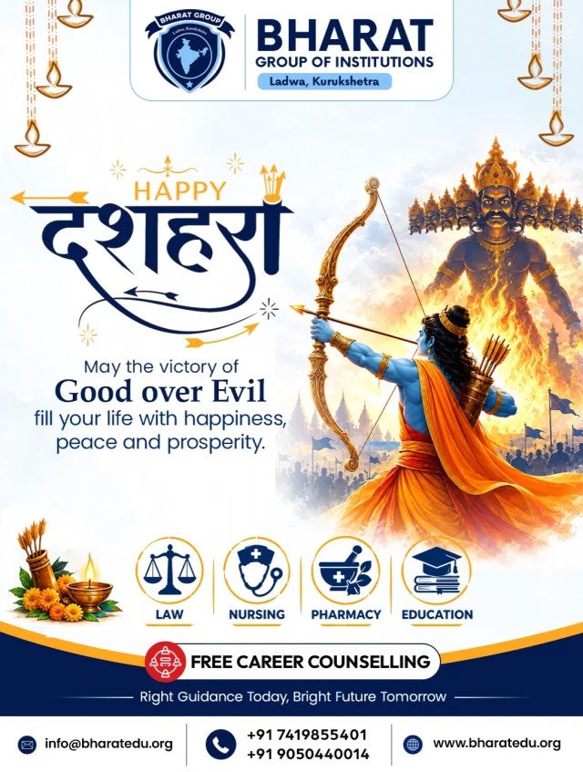 Victory of Good Over Evil! 🏹
May the auspicious occasion of Dussehra inspire us to follow the path of truth, righteousness, and positivity. May we continue to overcome challenges with courage, wisdom, and determination.

Bharat Group of Institutions wishes everyone a very Happy Dussehra!

 #happydussehra #vijayadashami #victoryofgoodoverevil #festivalofindia #knowledge